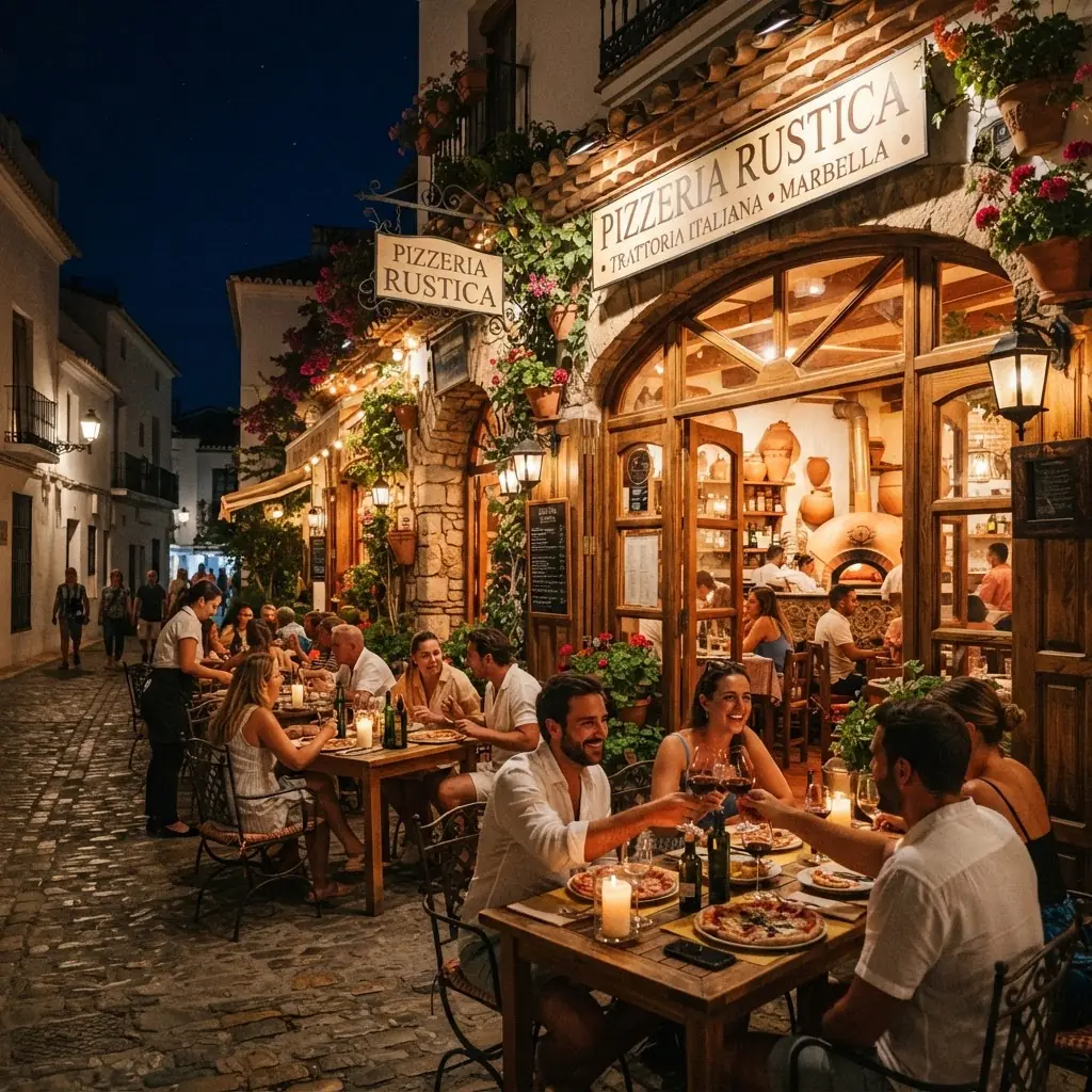 Terraza de Desidero Pizzeria iluminada de noche en Marbella